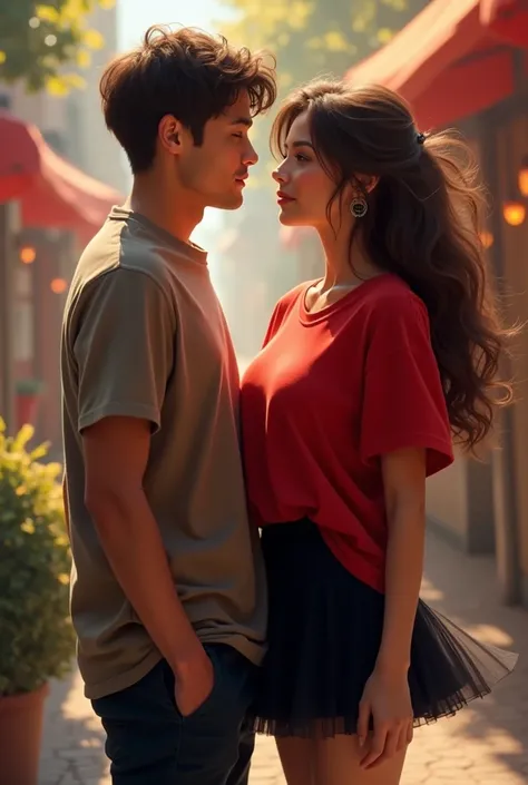 Hot girl flirting a boy , red oversized t shirt and black skirt
