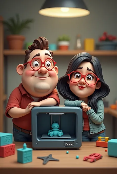 digital art, film composition, stop the movement, Clay animation, thumbnail, full body photo , A cartoon of a couple in front of an unbranded FDM 3D printer. With workshop type background.  The boy is wearing red glasses, He has very short brown hair, corp...