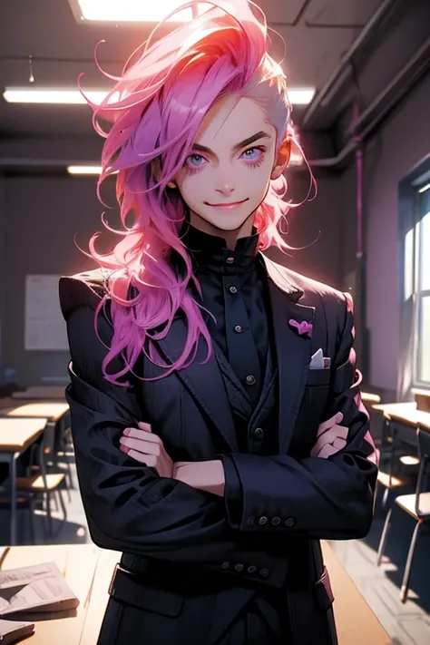 Perfect face. Perfect hands. A pink haired man with violet eyes in a Gothic suit is smiling while standing in the back of a classroom