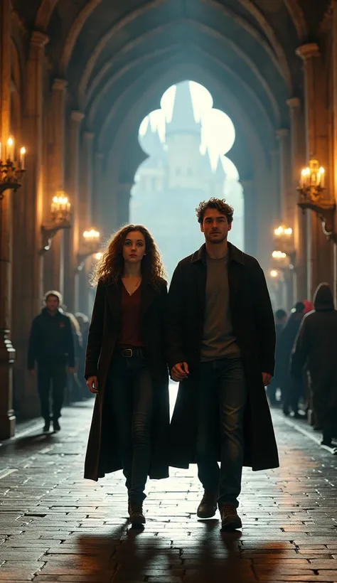 adult Hermione Granger and Neville Longbotom walking inside Hogwarts