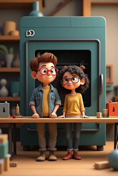 digital art, film composition, stop the movement, Clay animation, thumbnail, full body photo , A cartoon of a couple in front of an unbranded FDM 3D printer. With workshop type background.  The boy is wearing red glasses, He has very short brown hair, corp...