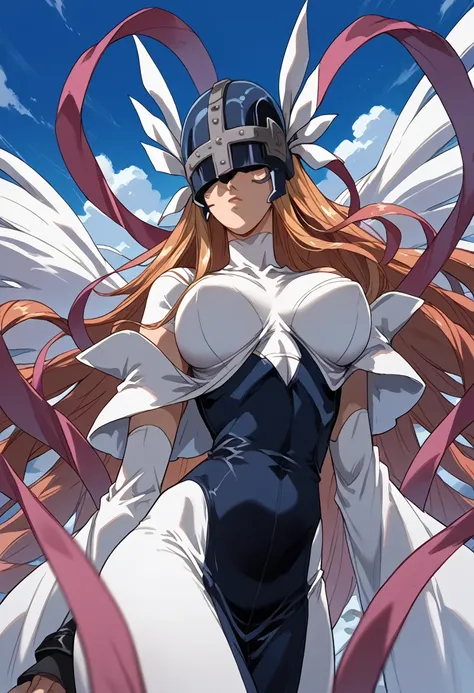 masterpiece,high resolution,best quality,8k(digimon,angewomon,helmet,hidden eyes,slender,huge breasts)(school uniform)