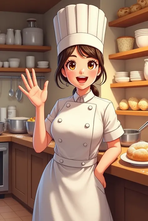 make a picture of an animated female baker waving in a corner