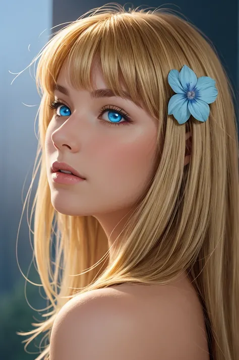 score_9, score_8_above, score_7_above, 1girl, realistic, Girls profile picture, blonde green long hair with bangs, light blue petals on cheeks, blue_eyes, realistic skin texture, detailed picture, upper_body, HD32k