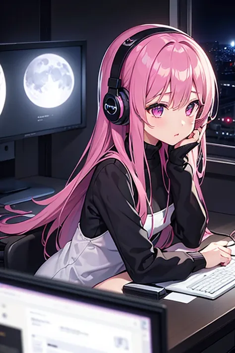 Girl with headphones on、night、moonlight、Dark Room、Operate a computer、Listening to music、Oblique angle、Pink Long Hair