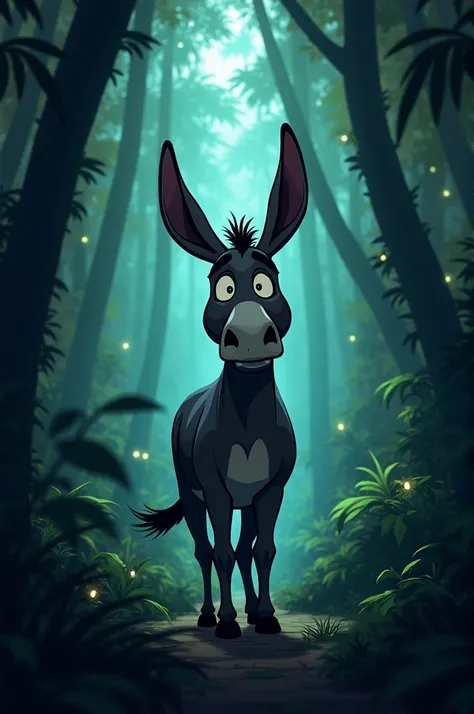 The donkey realizing the dangers of the jungle:

"The jungle has turned darker, and the donkey looks frightened as he stands amidst dense trees, surrounded by shadows. The distant eyes of wild animals gleam from the bushes, and the donkey looks nervous as ...