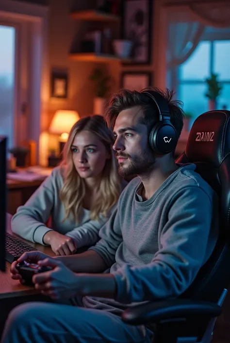 A professional gamer sitting and his girlfriend lying next to him