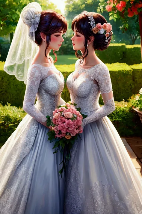 beautiful brides in a garden about to kiss holding a beautiful bouquet, ultra realistic models sharp details photo realistic perfect