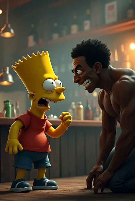 bart simpson gaucho argebtinozado with angry face in a bar, fighting against a dark-skinned person 