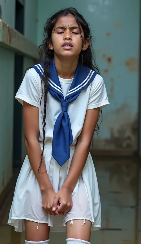 Real photo. A Sri lankan  little school girl, wearing a tight short white gown, wearing whites socks and a blue school tie. Her underbelly of the gown wringing wet from pee,squirting fluid,urinate. Her white panty and legs can be seen transparently through...