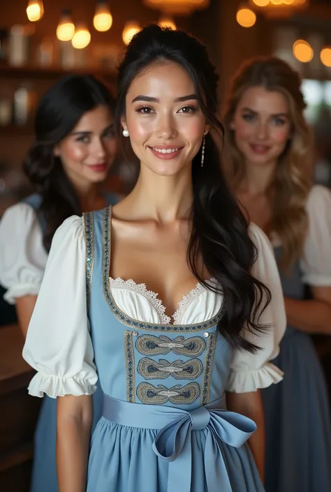 Realistic full body portrait of a young German black haired woman aged 23 with long hair nTr, ponytail, smile. She poses in front of the camera in a short, shoulder-free chiffon A-line dirndl by Bergfeuer with satin lined lace apron made of metallic satin ...