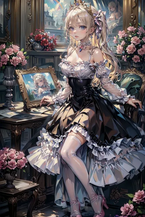 (8k, Best Quality, masterpiece: 1.2), Ultra-high resolution,,Marie Antoinette,Ultra-detailed face,Fine grain,Open your mouth a little,(Blonde),Long Hair,Wavy Hair, break,Rococo Ruffle Dress,Long sleeve dress,The dress includes an extra long skirt,Baroque D...