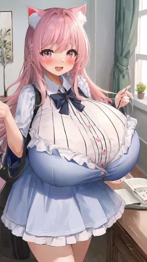 masterpiece, Best Quality, One girl, (Pink Hair, Long Hair, Detailed Hair, cat earsピンクの目:1.3), cute, (Horny heart eyes, Blushing profusely, Excited, 非常にExcited顔:1.1), bedroom, (Top-heavy, Huge breasts bigger than her body, Bursting Chest:1.1)