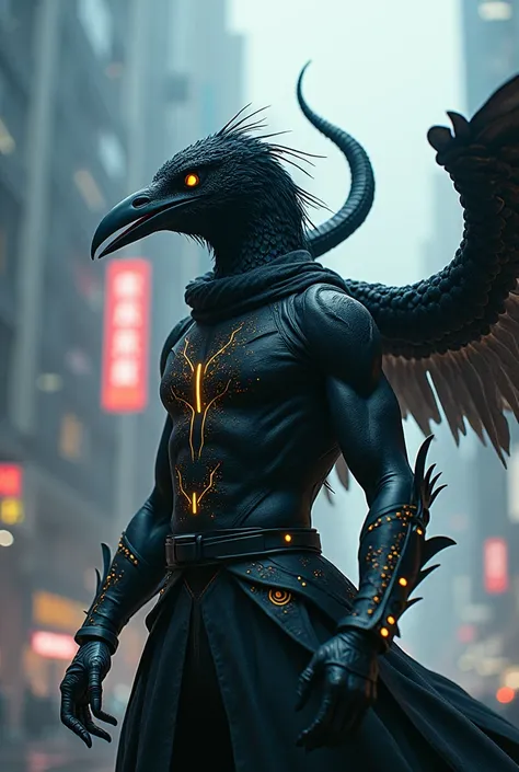 A combination of a crow and a and a snake in a cyberpunk monk fighting outfit 