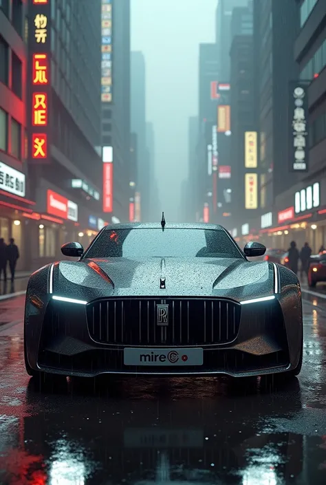 A roll royce from the future in a rainy cyberpunk city (((cinematic lighting))), soft cinematic light, adobe light room, photolab, HDR-10, immense detail, Extreme detail, photorealism, professional photography , swiss number plate sing "Mirema" embedded wi...