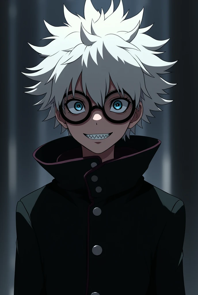 Young anime character with thick, white spiky hair, a large black high-collared overcoat, with big, dark scary glasses, and a big, macabre smile