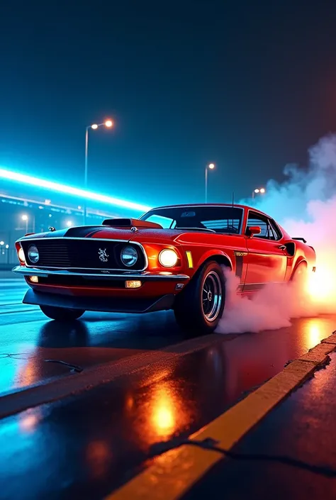 1970  Mustang Shelby in red colour with burnout , at night blue and yellow Neo light, 