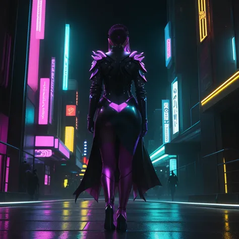 A confident, modern woman in a stylish long gaban walking through a bustling, futuristic city at dusk, illuminated by towering skyscrapers and neon signs. The scene captures her from a long distance, showing her walking away with the city alive around her....