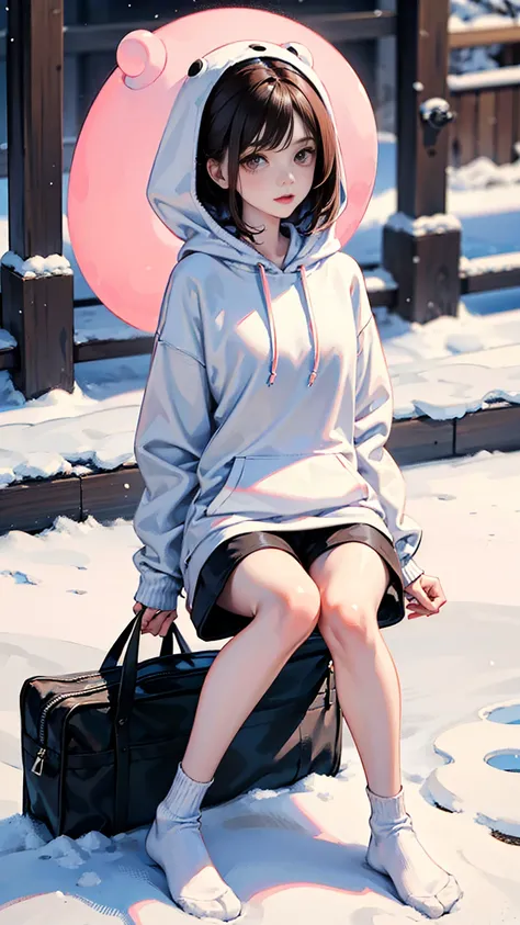 a girl,fourteen years old ,brown long hair with pinks,white skin,wearing an oversized hoodie,white mini short pants,sport white socks,very thin legs,skinny legs,slim,skinny,kneeling on the snow