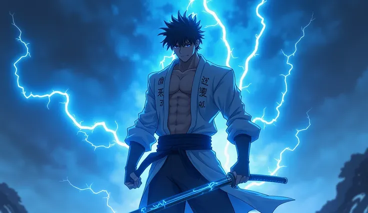 The anime character Kaito, with his athletic physique and impressive V-shaped silhouette, stands out as a martial arts master. Seu traje, that displays some body parts to accentuate its sculpted shape, shines under the dramatic light of a blue backdrop, wh...