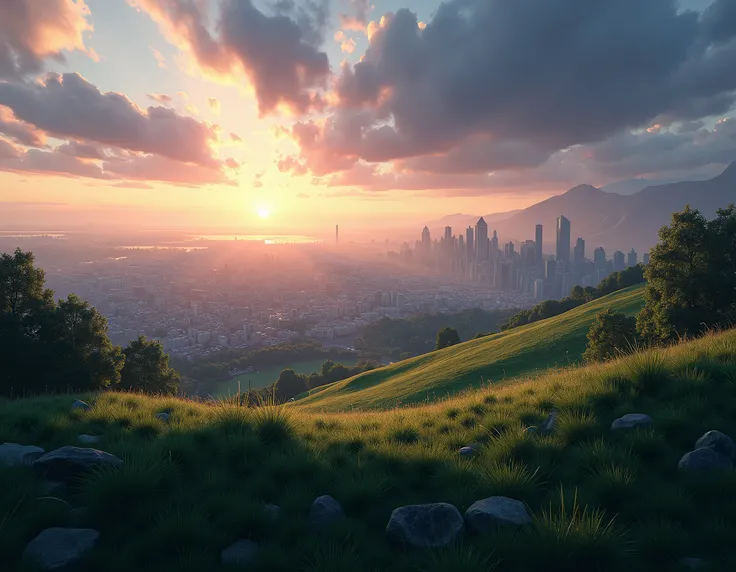 Hill, view of the sky and city, late afternoon night, super realistic, lighting effects