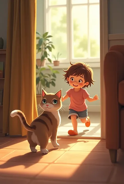 A cat want to go outside a room and kid chasing from behind