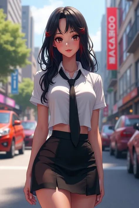 a young beautiful brunette standing confidently on a city street. She has long, flowing black hair with a hint of red highlights, and her expression is playful and inviting. 

The character is dressed in a fitted white shirt with short sleeves and a black ...