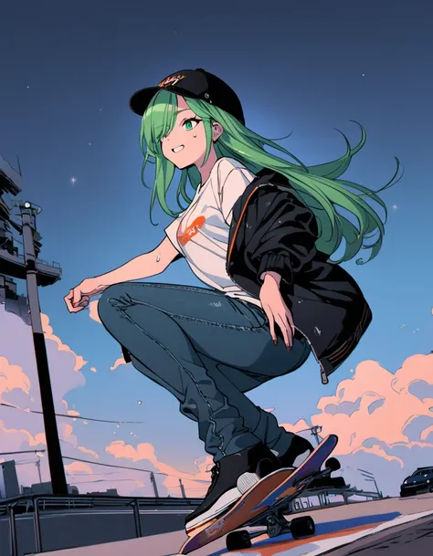 ((masterpiece)、(absurdres)、(ultra detailed)、(8k),SFW,Anatomically correct,anime:1.1,(solo lady),(shiny dark green hair),(dark green eyes),(straight long hair),BREAK,small breast:0.9,BREAK,casual jacket,Tshirt,denim jeans,break,random color/Cap,break,(stand...