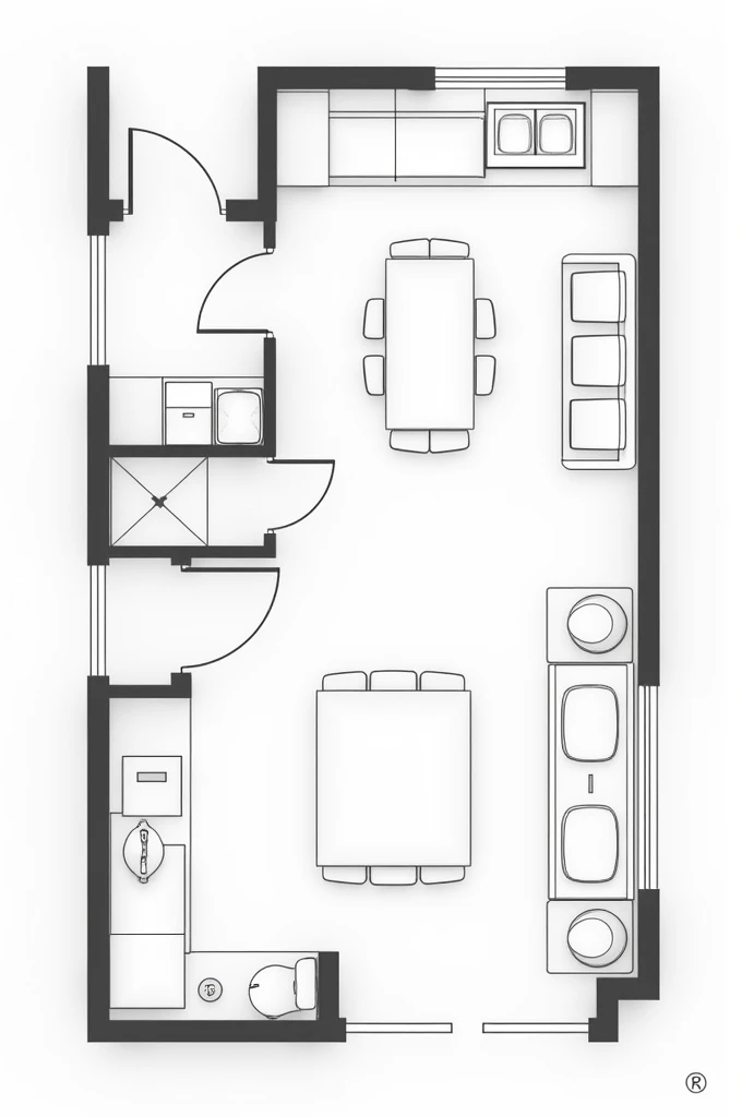 Create an image of a floor plan of a studio with bathroom and changing room and with measurements