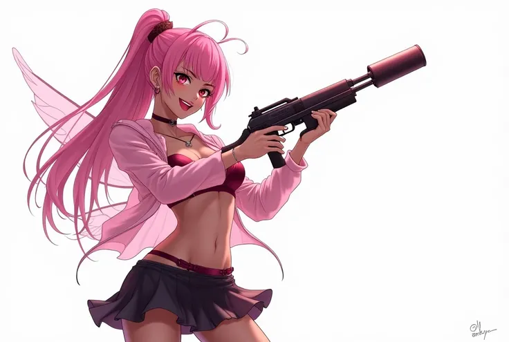 make it in anime style and with a white background, a beautiful woman, with dark skin, pink eyes, with a seductive smile, with pink hair, with fairy wings, she wears a dark pink bikini, she wears a transparent pink jacket on top, a black skirt,, she wears ...