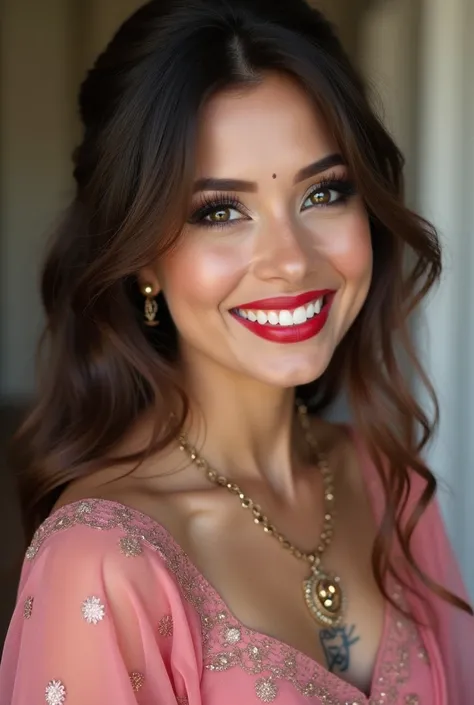 Bridal brown shining hair, (RAW photo), (realism: 1.8), (gloss red lipstick, big and thick lips , lips details, many eyelashes, dark black eye shadow, shy, blushing, high quality, high resolution, depth of field, chromatic aberration, caustic, wide light, ...