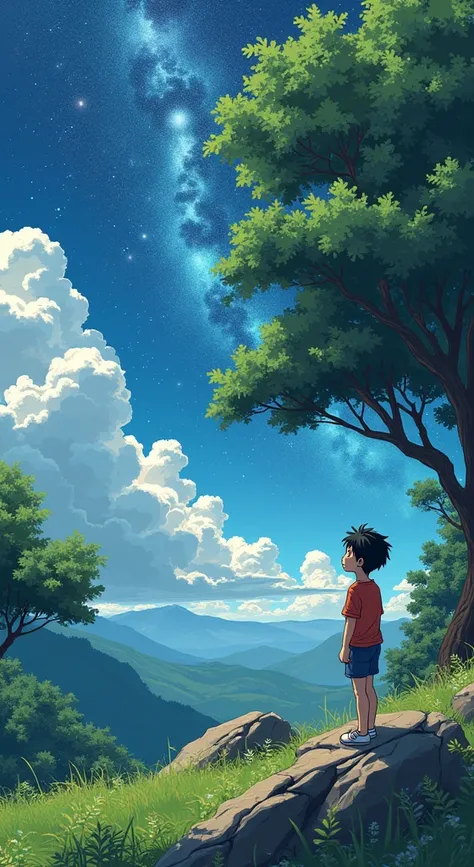 Anime boy standing on a rock looking at a sky full of stars, makoto shinkai cyril rolando, anime art wallpaper 4k, anime art wallpaper 4k, 8K anime art wallpaper, cosmic skies. By Makoto Shinkai, inspired by Cyril Rolando, In the style of Dan Mumford&#39;s...