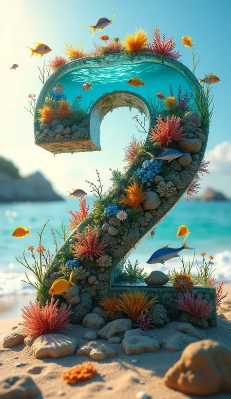 A 3D visual masterpiece of the word "2" rendered creatively. Each letter of the name is transformed into a miniature aquarium filled with shiny vibrant and diverse coloured fish, swimming among beautiful coral reefs. The sandy ocean floor can be seen at th...