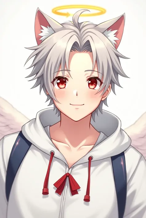 man、cute、Fair skin、Gray Hair、Mash Hair、Ahoge on the top of the head、Red Eyes、Angel、Cat ears、White hoodie with a navy blue hoodie and red strings tied in a bow、smile、anime、Mafumafu