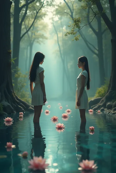 Create a scene where a person is gazing into a calm, reflective pool of water. In the water’s surface, their reflection is clear but interspersed with floating lotus flowers, symbolizing inner tranquility. The reflection not only shows their face but also ...