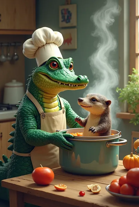 Animal alligator cooking an animal otter in the pressure cooker