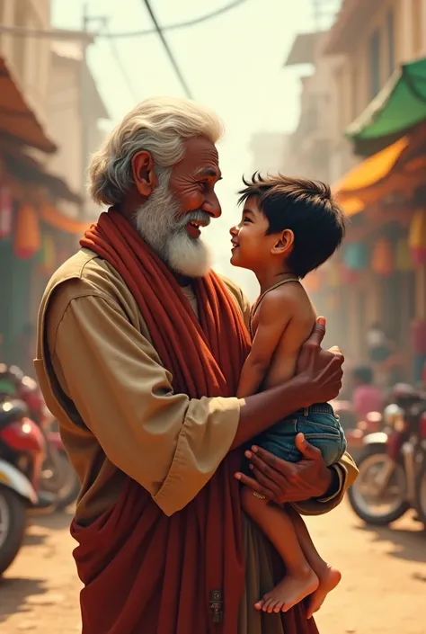 The skinny Indian father held his grandson on his hip as he walked, chatting and laughing together.
