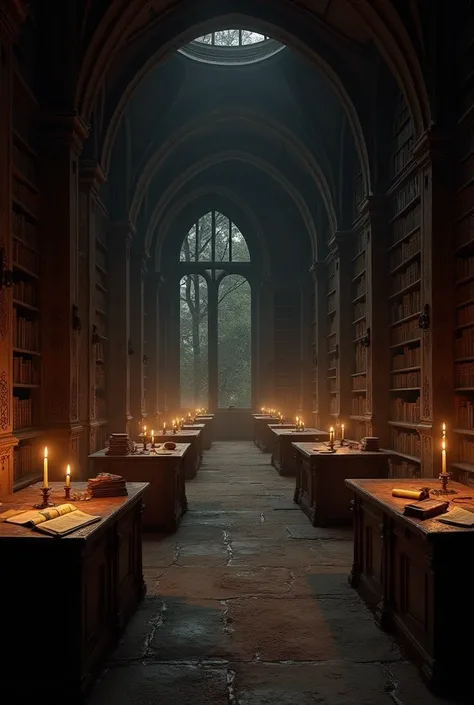 An old ancient library having old books. It is having a dark environment with light coming from candles light