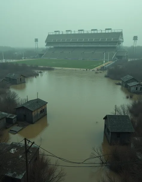 Football stadium, full of muddy water with abandoned houses with sun