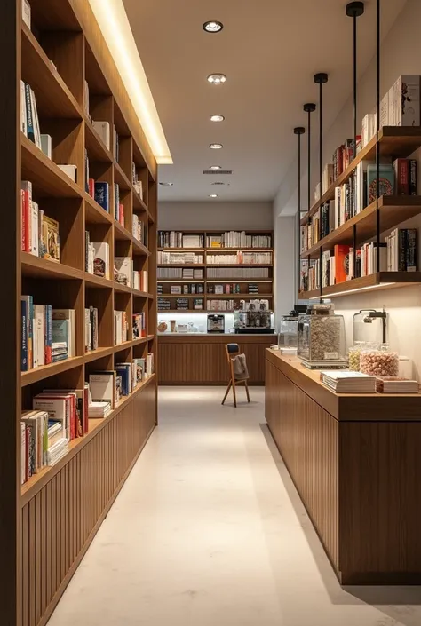 create a real bookstore and coffee shop in shades of white and brown, with bookshelves and games, tables and protons, a mini cafeteria with espresso machines and a mini candy display 