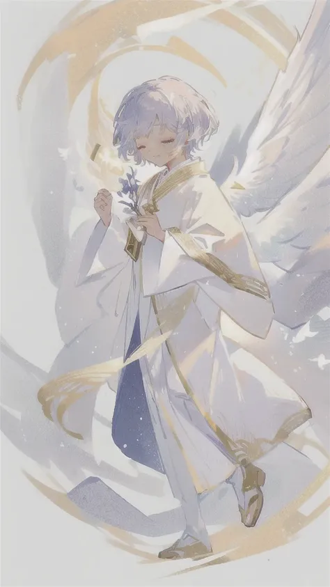 Golden planets and stars々を象った長い杖を持ったアニメのAngel, Flowing white robes, Golden and white robe, A delicate androgynous prince, White and gold maiden robe, gold and white cloak, ((美しいファンタジーのAngel)), Alphonse Mucha and Rosdrose, Dressed like a priest, 美しいAngel, G...