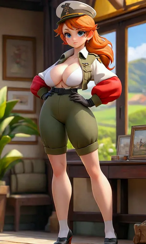 friedrich der grosse (azur lane:0.5), saggy breasts, army outfit (open jacket), full body, (standing), indoors, outdoors, models...