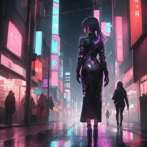 A confident, modern woman in a stylish long gaban walking through a bustling, futuristic city at dusk, illuminated by towering skyscrapers and neon signs. The scene captures her from a long distance, showing her walking away with the city alive around her....