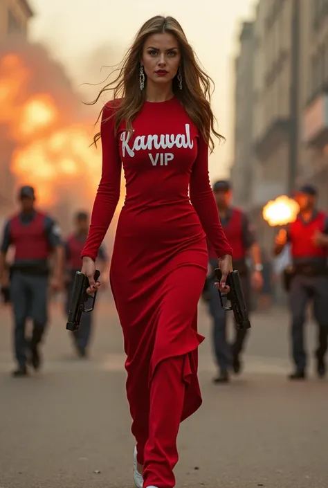 A stylish girl strides confidently down the road, clad in a red stylish and VIP dress that catches the eye. The front of his dress features bold lettering that reads "KANWAL," making a statement. In both hands, he holds a gun, firing into the air, the chao...