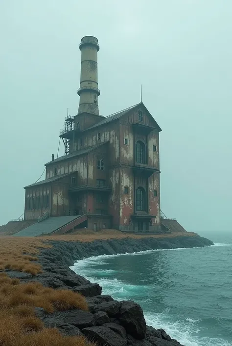 a factory in the background on the abandon island in the ocean