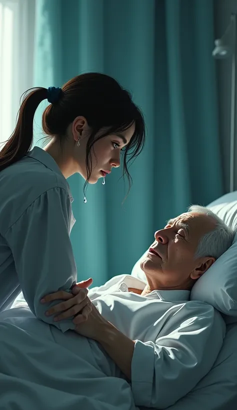 A lady in her 20s crying seeing her dad in his mid 40s on the hospital bed sick looking very sick and unkempt. The lady is crying. Make tears drop from her face