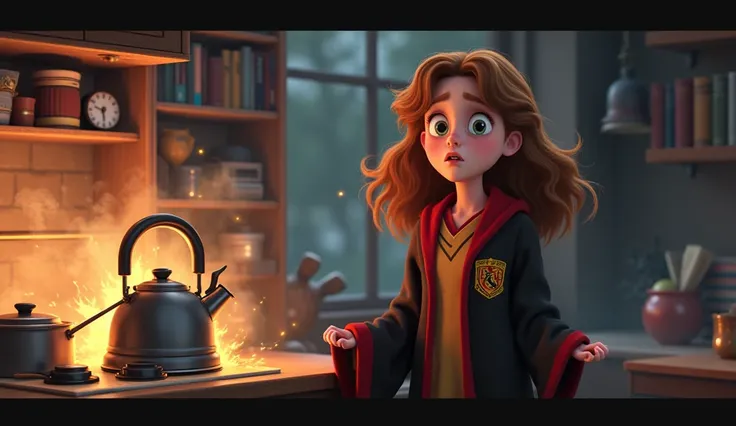 young adult Hermione Granger with blown up kettle