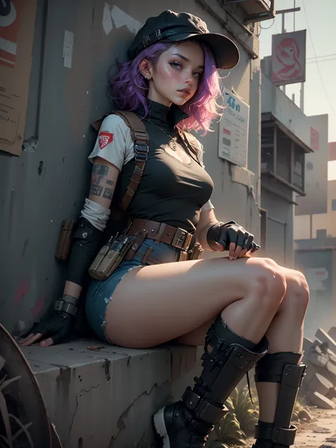 Post Apocalyptic Style Women With Medium Hair Cyberpunk Hat Apocalyptic Long Dress With High Detail Joker Text Apocalyptic Nested Shirt Knee Pads With Belt Holster Bulletproof Vest, Woman body defined thick thighs cybernetic body parts