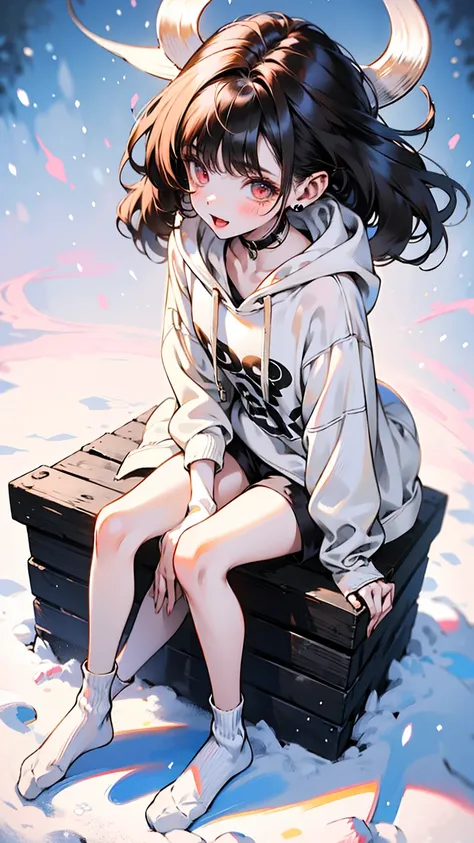 a girl,fourteen years old ,brown long hair with pinks,white skin,wearing an oversized hoodie,white mini short pants,sport white socks,very thin legs,skinny legs,slim,skinny,on the snow