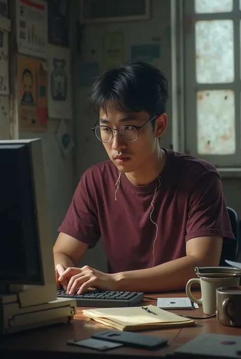 digital art, 30 years,Asian man, wearing glasses,pakai kaos merah maroon,in front of ibm pc 90s,there is a diskette on the table, a cup of coffee, cigarette, books, in a messy room, a bit shabby,light from the blurry window